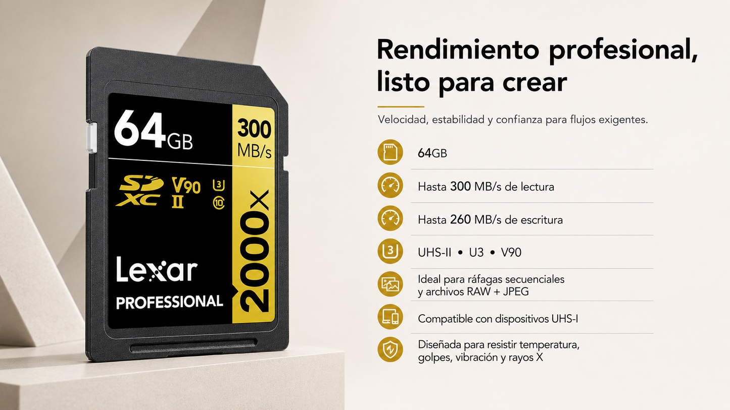 Lexar® Professional 2000x SDHC™/SDXC™ UHS-II Card GOLD / V90 up to 300 MB/s read, up to 260 MB/s write 64GB