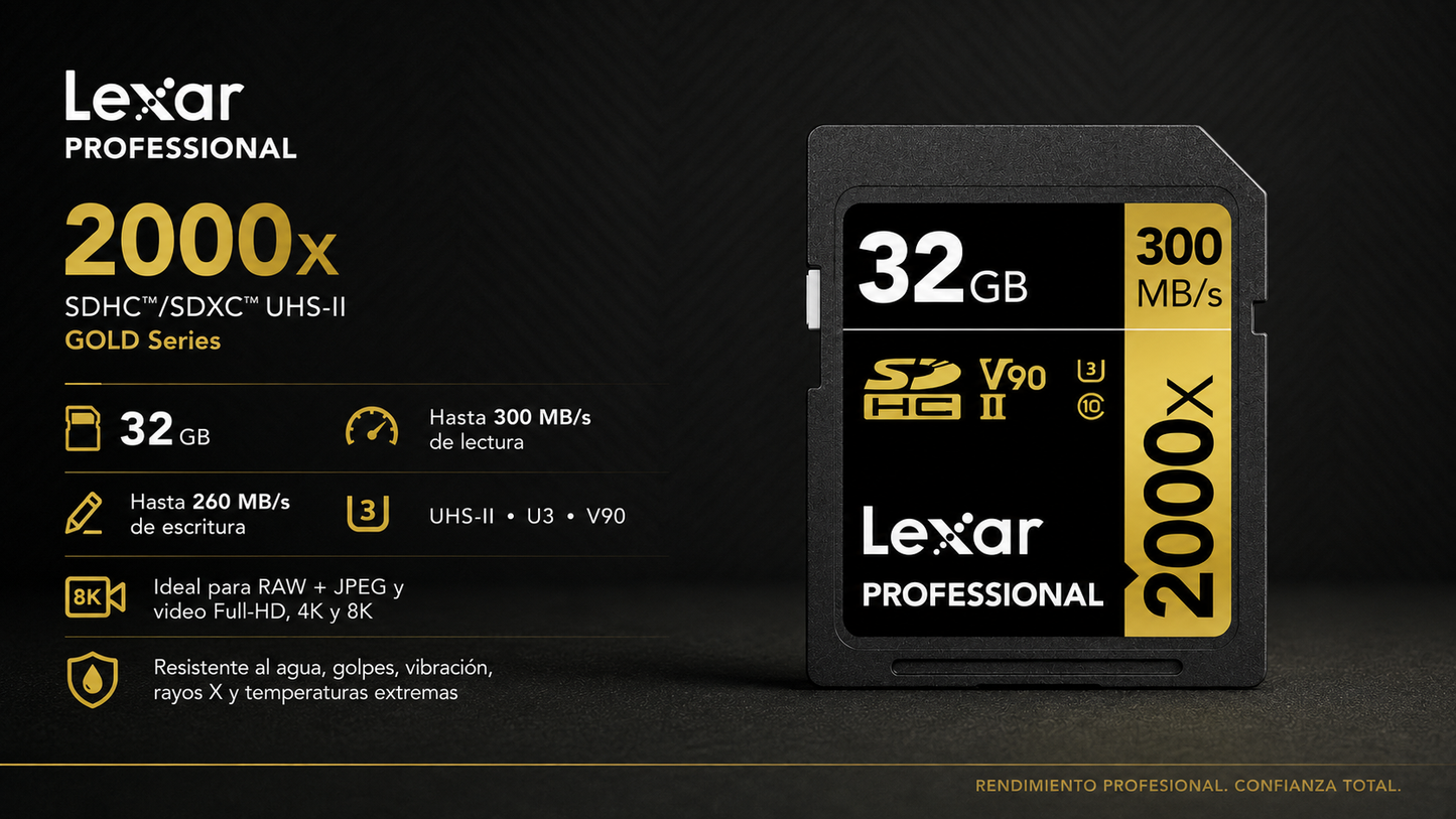 Lexar® Professional 2000x SDHC™/SDXC™ UHS-II Card GOLD / V90 up to 300 MB/s read, up to 260 MB/s write 32GB