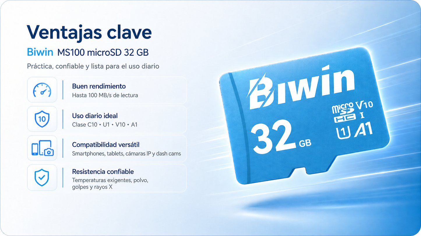 Memoria micro SD 32GB MS100 - Class 10, A1, UHS-I (U3), V30 (up to 100MB/s read, up to 30MB/s write) - Biwin 32 GB