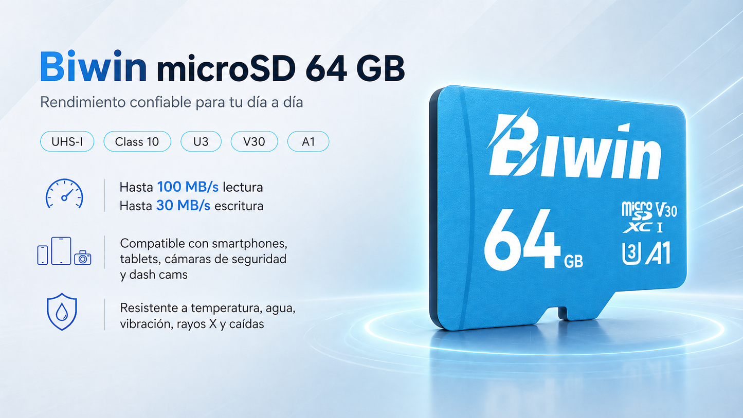 Memoria micro SD 64GB MS100 - Class 10, A1, UHS-I (U3), V30 (up to 100MB/s read, up to 30MB/s write) - Biwin 64 GB