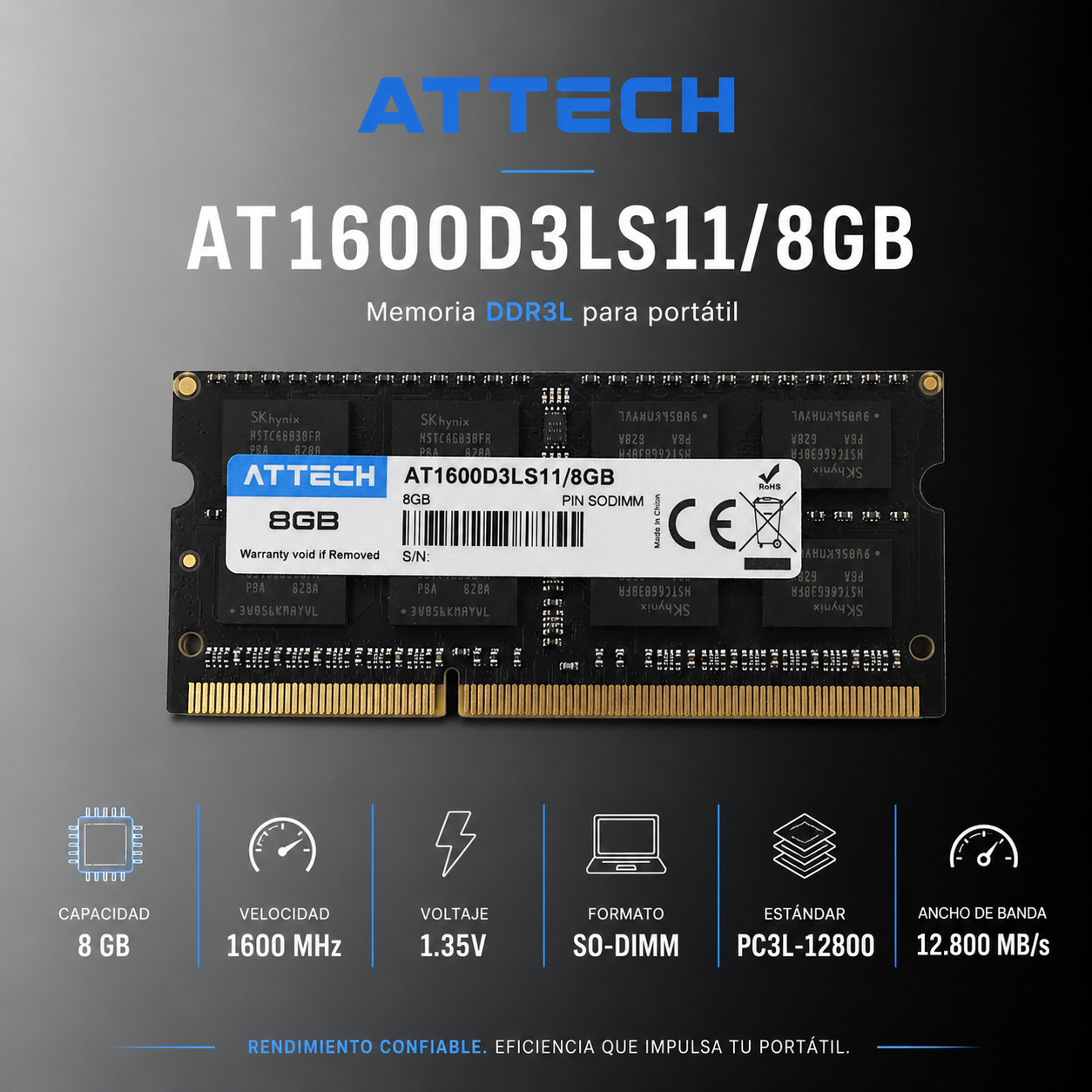Memoria RAM ATTECH AT1600D3LS11/8GB DDR3L de 8 GB