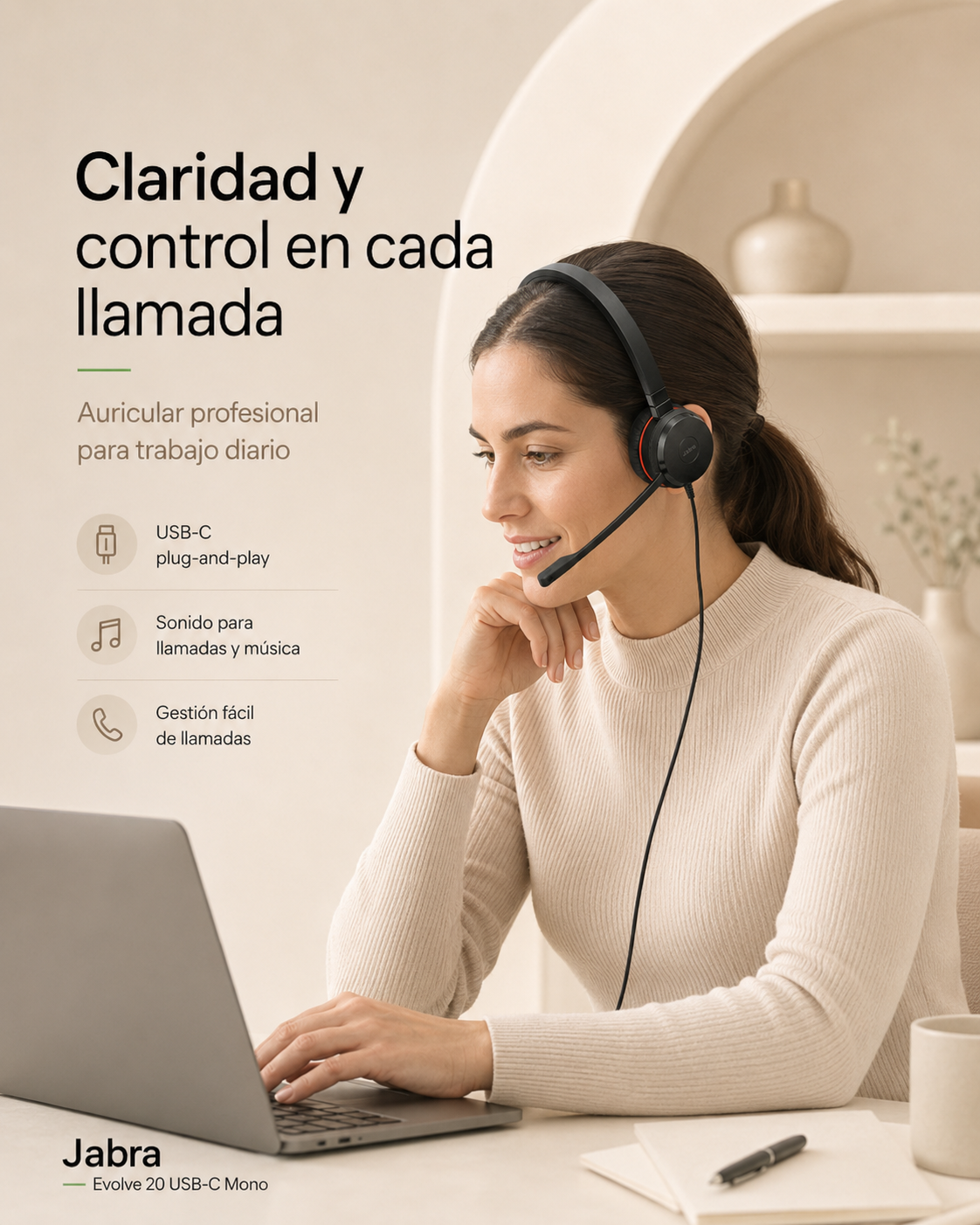 Auricular profesional Jabra Evolve 20 USB-C MS Mono