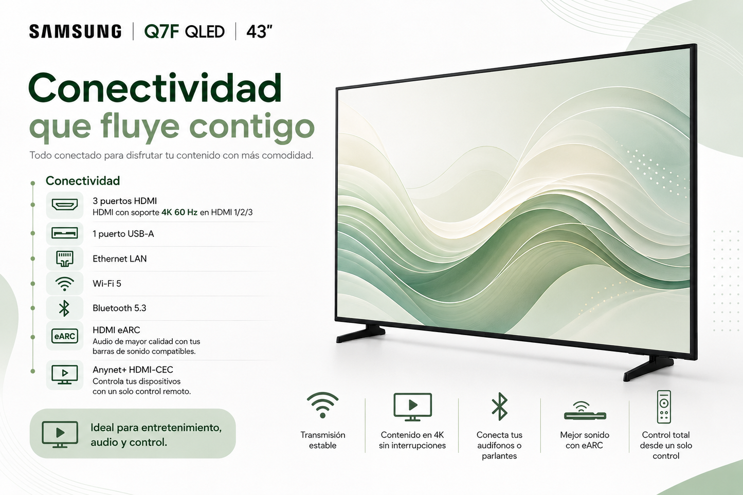 Smart TV Samsung Q7F QLED 4K de 43” con diseño negro, resolución 4K UHD de 3840 × 2160
