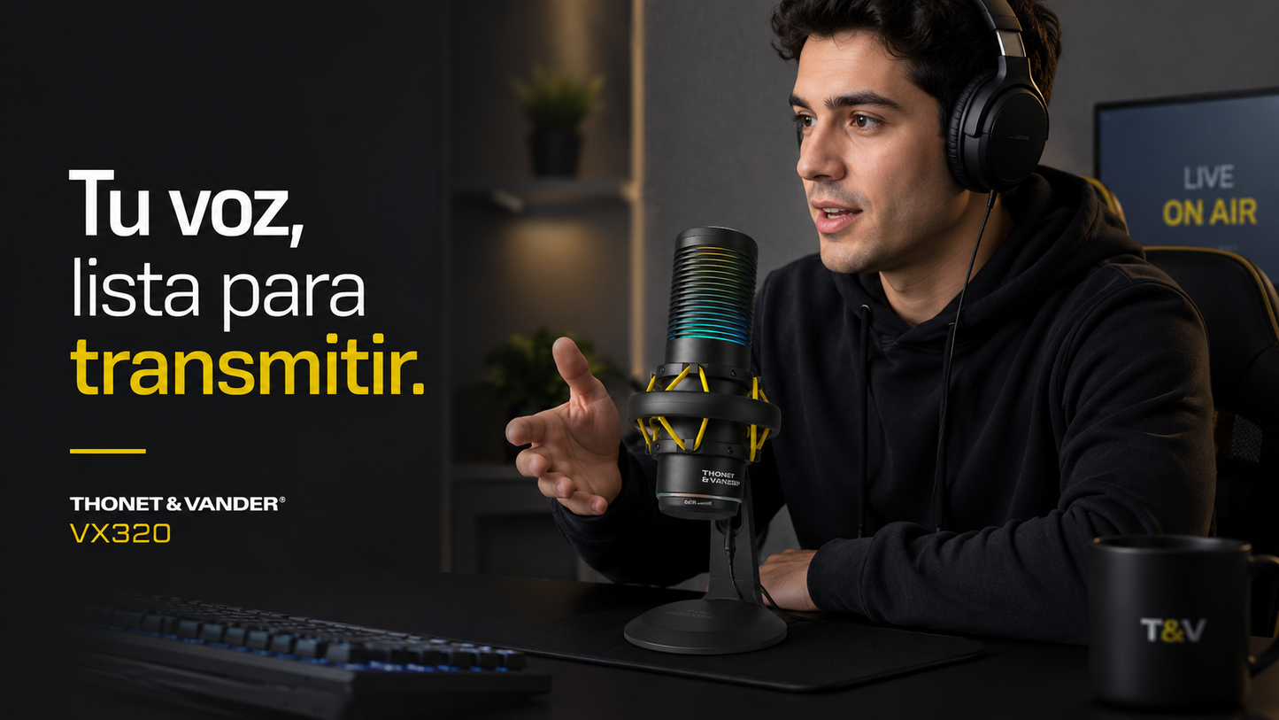 Microfono Thonet & Vander Vx320 - Alámbrico USB, micrófono condensador, RGB, streamers y gamers. Negro