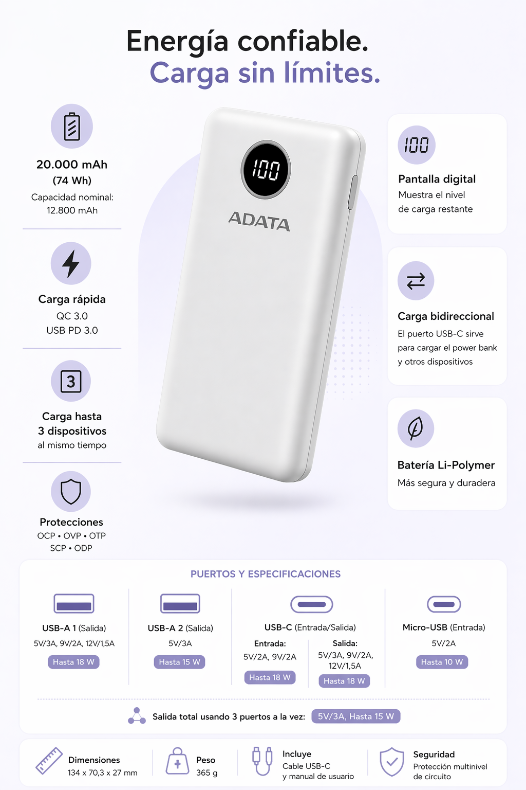 Cargador portátil Adata AP20000QCD-DGT-CWH - Blanco