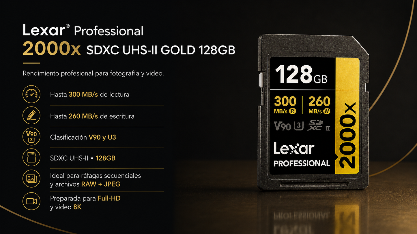 Lexar® Professional 2000x SDHC™/SDXC™ UHS-II Card GOLD / V90 up to 300 MB/s read, up to 260 MB/s write 128GB