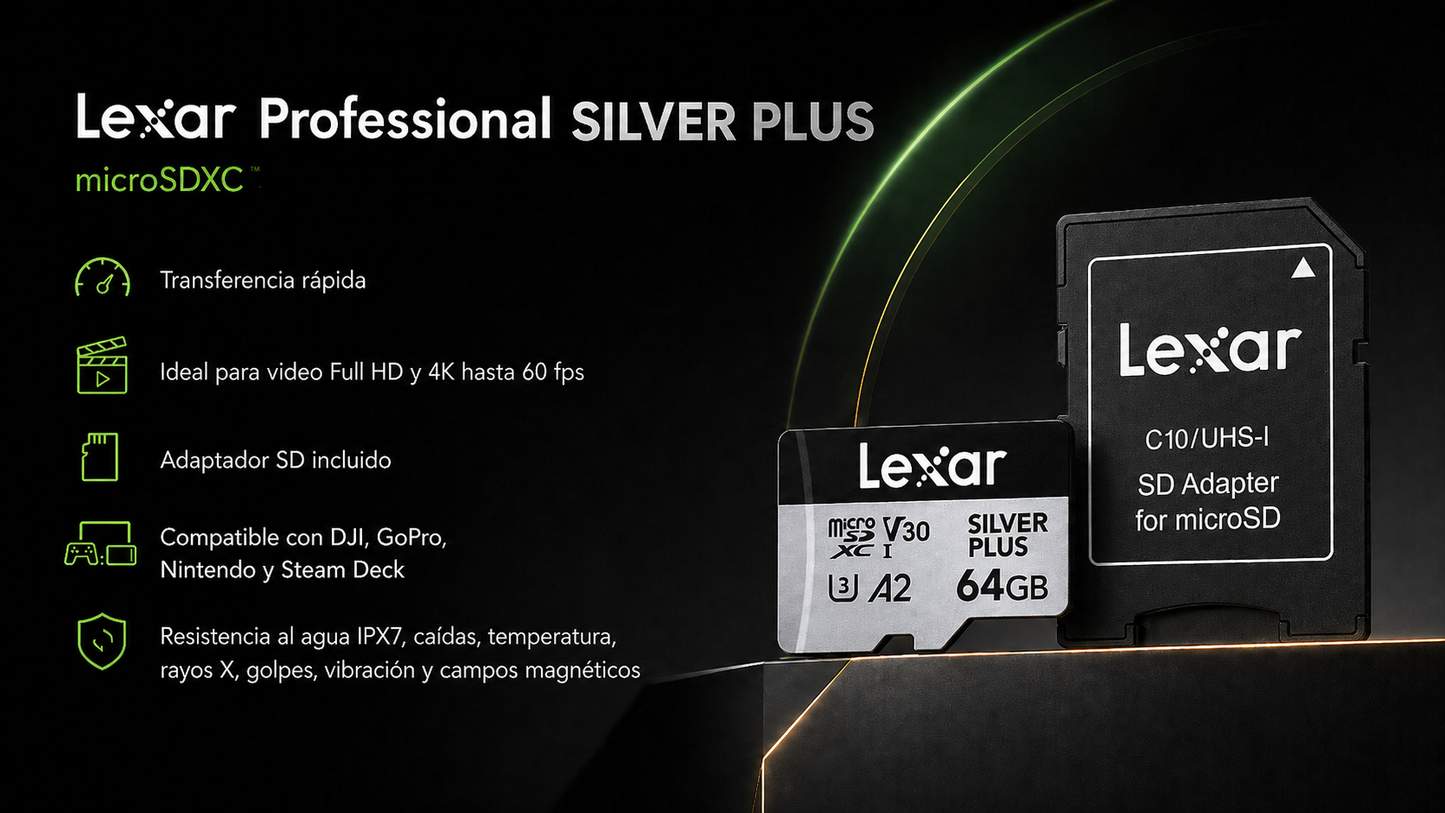 Memoria micro SD Professional SILVER PLUS microSDXC™ UHS-I Card 64GB -up to 205MB/s read, up to 100MB/s write, Class 10, U3, V30, A2 - Lexar® 64GB