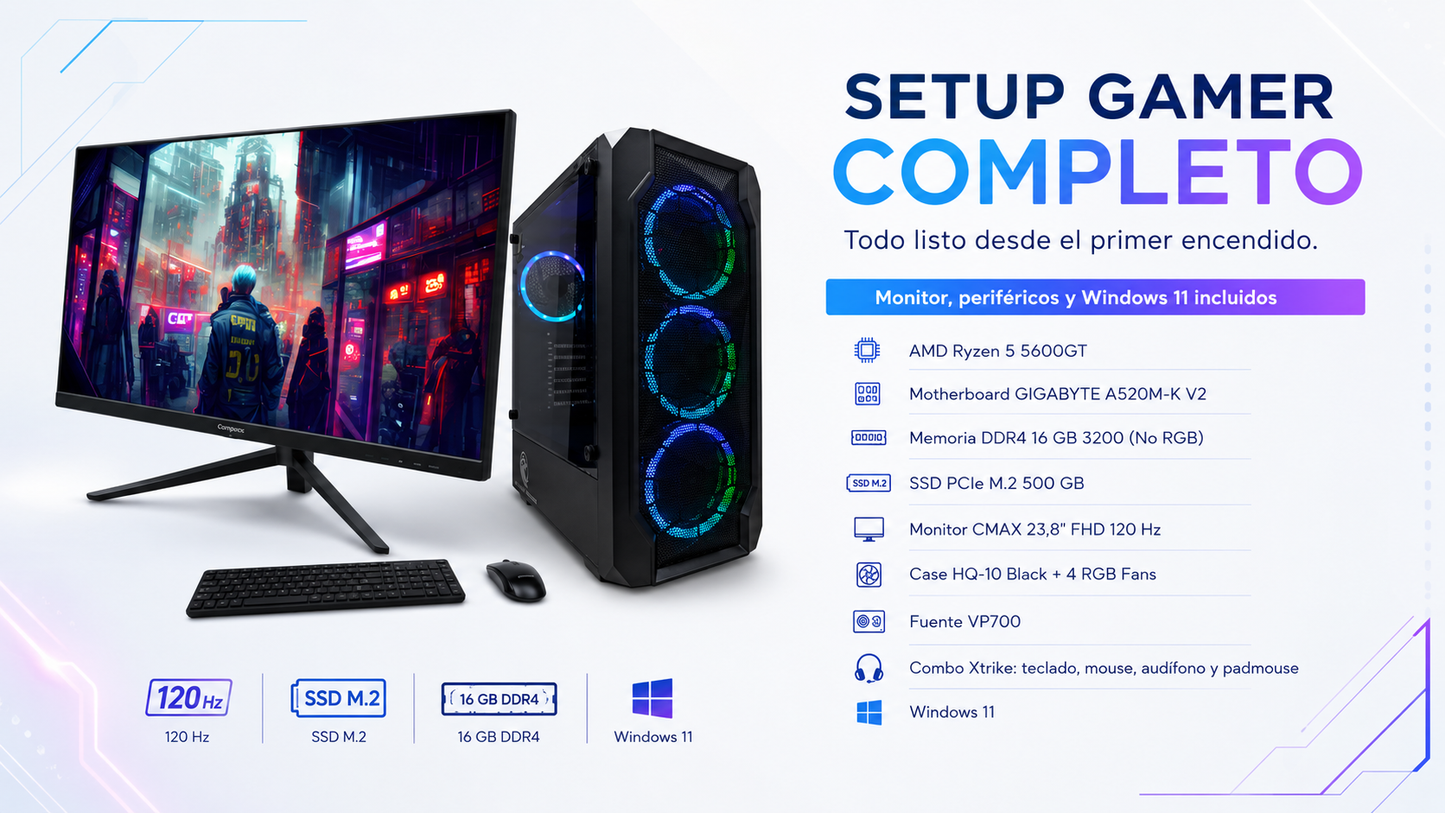 PC Gamer completo con procesador AMD Ryzen 5 5600GT - 120Hz - M.2 - Gamer Gaming