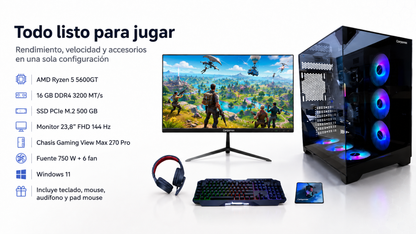PC gamer completo con procesador AMD 5 5600GT - 144Hz - M.2 - Gaming VIew