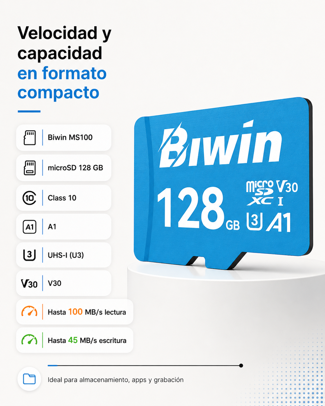 Memoria micro SD 128GB MS100 - Class 10, A1, UHS-I (U3), V30 (up to 100MB/s read, up to 45MB/s write) - Biwin 128 GB
