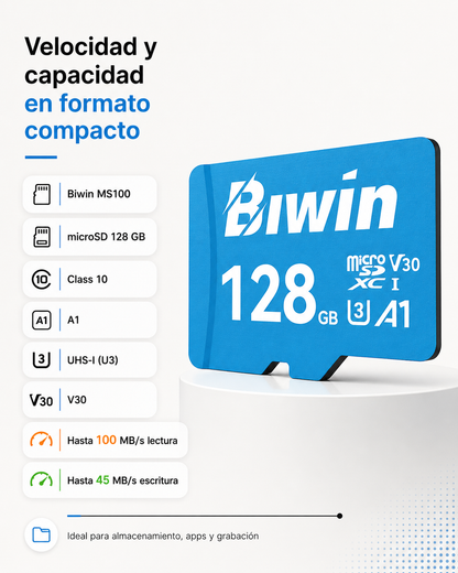 Memoria micro SD 128GB MS100 - Class 10, A1, UHS-I (U3), V30 (up to 100MB/s read, up to 45MB/s write) - Biwin 128 GB