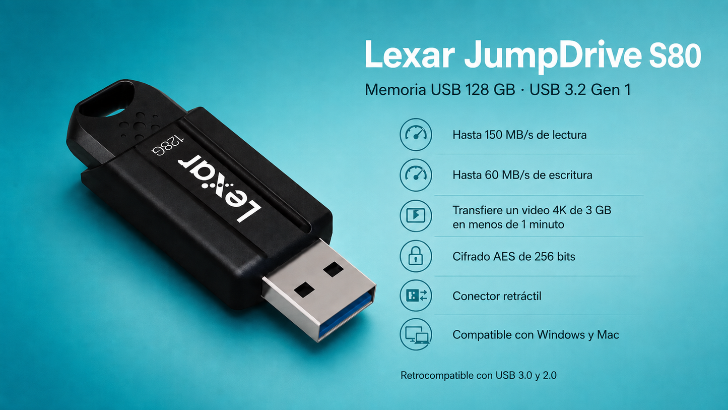 Memoria USB 128 GB 3.1 LEXAR® JumpDrive® S80 USB 3.1 - LEXAR 128 GB 3.1