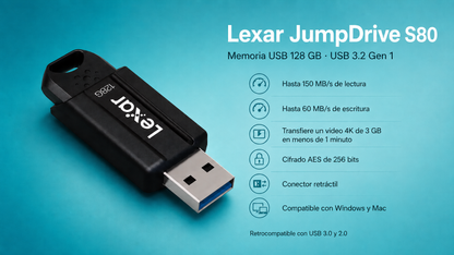 Memoria USB 128 GB 3.1 LEXAR® JumpDrive® S80 USB 3.1 - LEXAR 128 GB 3.1