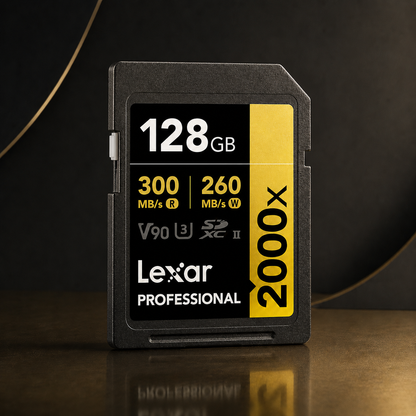 Lexar® Professional 2000x SDHC™/SDXC™ UHS-II Card GOLD / V90 up to 300 MB/s read, up to 260 MB/s write 128GB