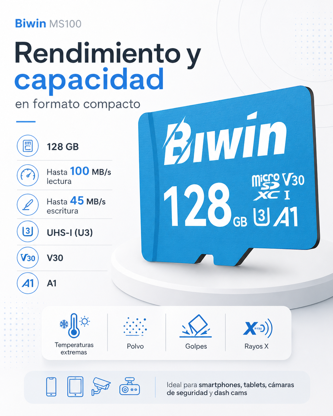 Memoria micro SD 128GB MS100 - Class 10, A1, UHS-I (U3), V30 (up to 100MB/s read, up to 45MB/s write) - Biwin 128 GB