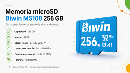 Memoria micro SD 256GB MS100 - Class 10, A1, UHS-I (U3), V30 (up to 100MB/s read, up to 45MB/s write) - Biwin 256 GB