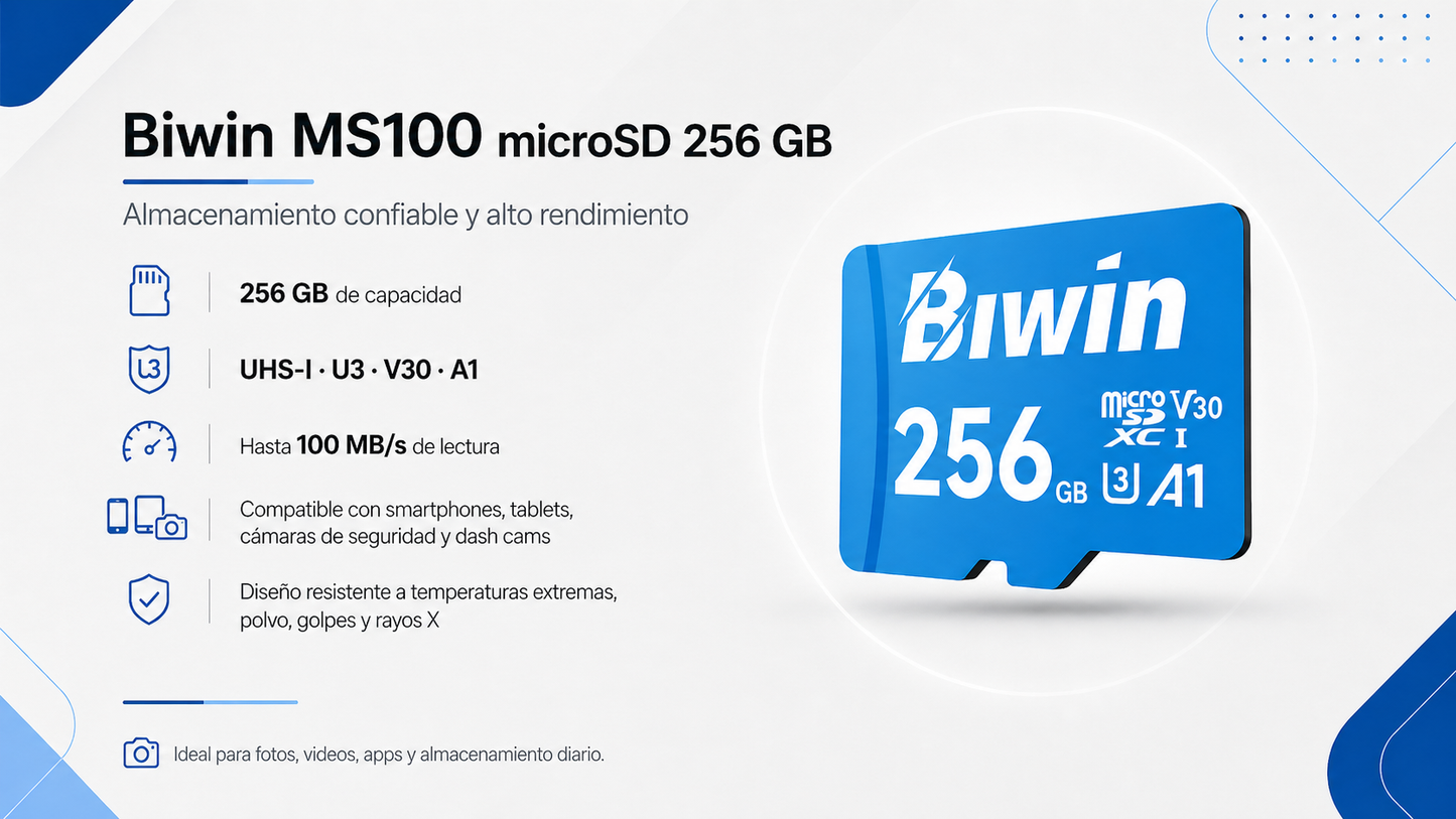 Memoria micro SD 256GB MS100 - Class 10, A1, UHS-I (U3), V30 (up to 100MB/s read, up to 45MB/s write) - Biwin 256 GB