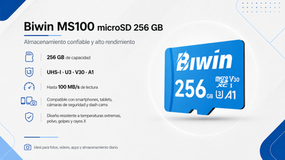Memoria micro SD 256GB MS100 - Class 10, A1, UHS-I (U3), V30 (up to 100MB/s read, up to 45MB/s write) - Biwin 256 GB