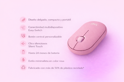 Mouse Logitech Pebble M350S - Bluetooth - USB - Óptico. Inalámbrico. Color -  Rosa