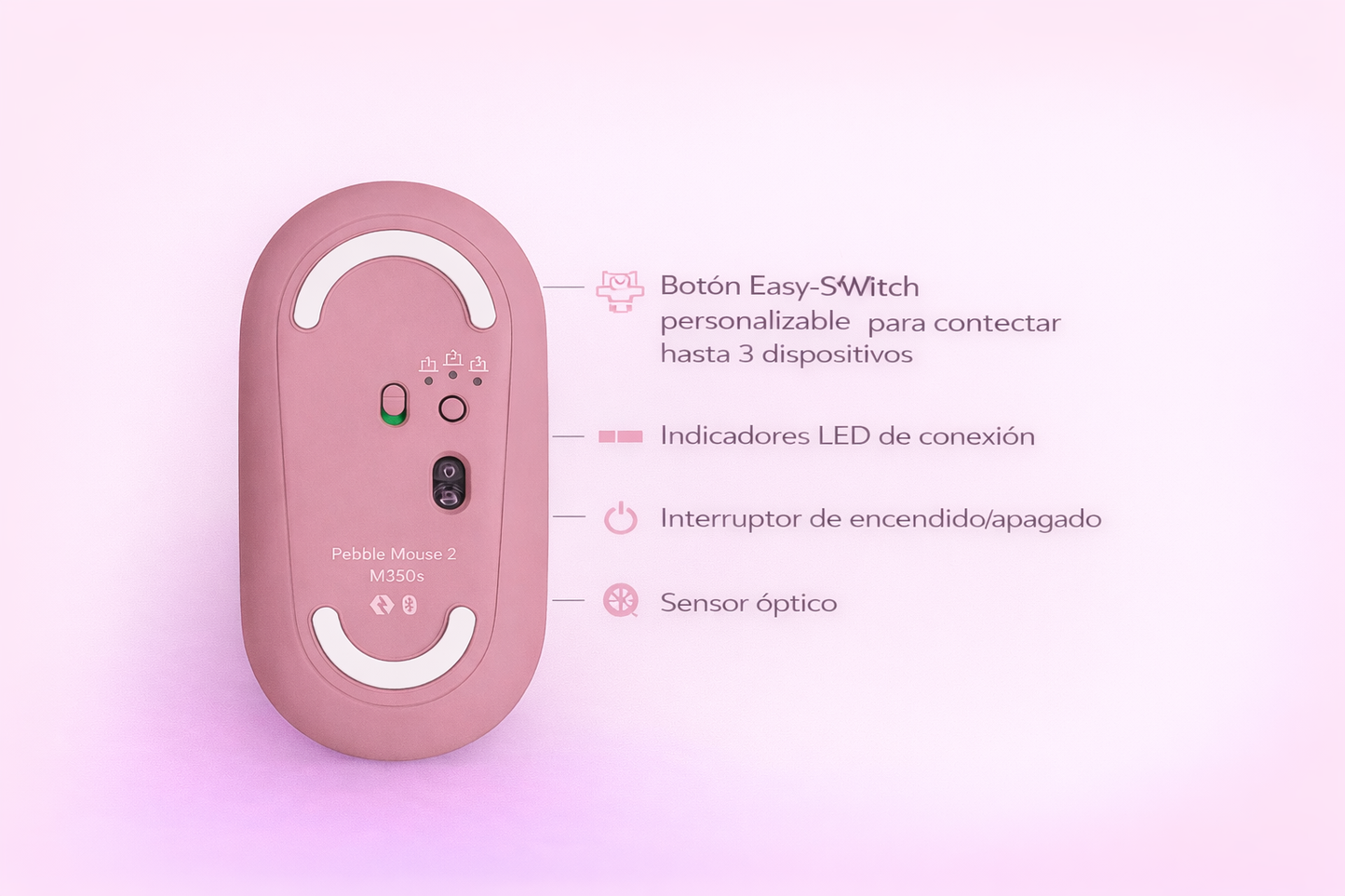 Mouse Logitech Pebble M350S - Bluetooth - USB - Óptico. Inalámbrico. Color -  Rosa