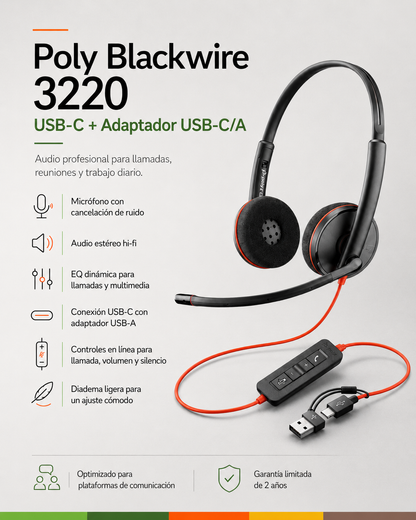 Auricular Poly Blackwire 3220 Stereo USB-C con adaptador USB-C/A,