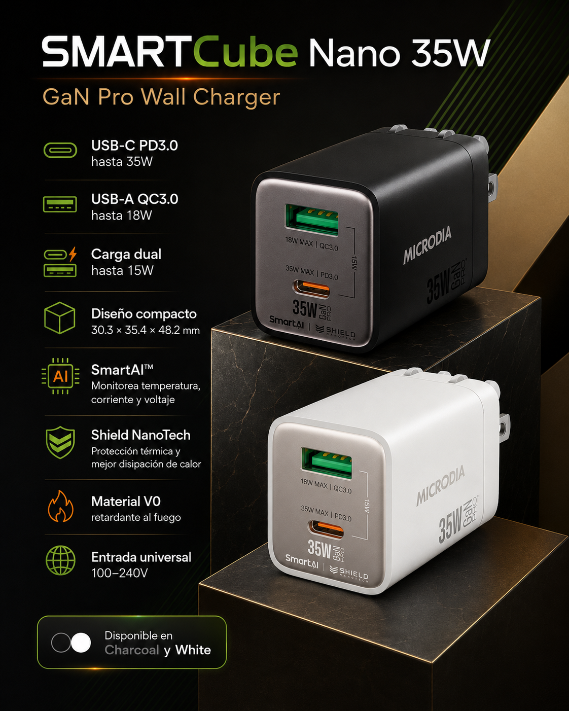 Cargador de parede SmartCube Nano 35W USB-C PD & USB-A