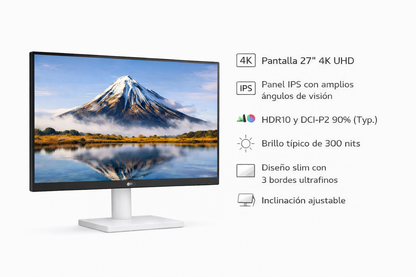 Monitor LG 27" Pulgadas 27US500 4K UHD Plano Blanco|Negro