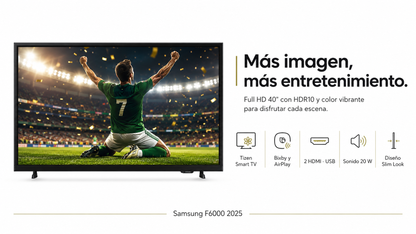 Smart TV Samsung F6000 2025 de 40” en color negro, con pantalla LED Full HD de 1,920 x 1,080