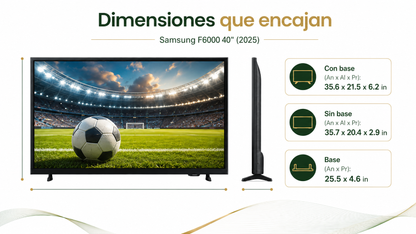 Smart TV Samsung F6000 2025 de 40” en color negro, con pantalla LED Full HD de 1,920 x 1,080