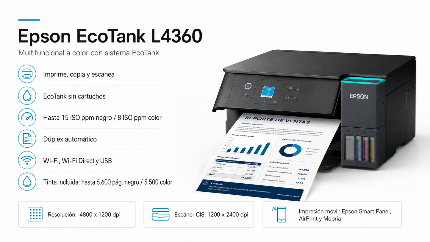 Epson EcoTank L4360 es una impresora multifuncional a color sin cartuchos