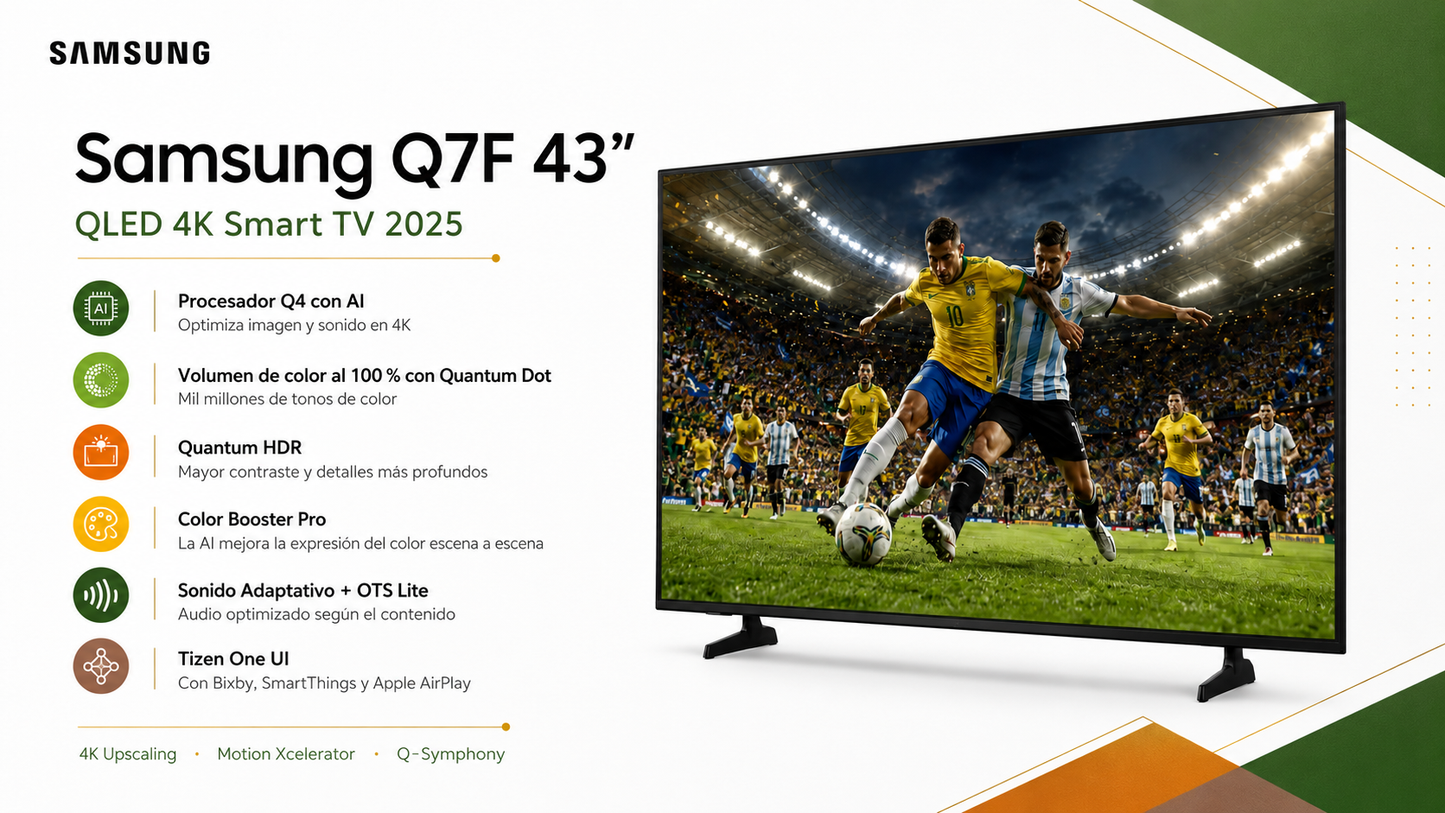 Smart TV Samsung Q7F de 43” con pantalla QLED 4K UHD, procesador Q4 con AI y resolución de 3,840 × 2,160