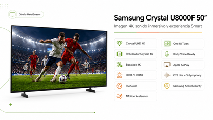 Smart TV Samsung Crystal U8000F de 50” con resolución 4K UHD, Procesador Crystal 4K y escalamiento 4K
