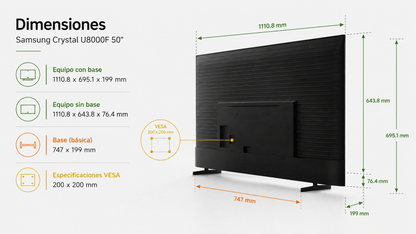 Smart TV Samsung Crystal U8000F de 50” con resolución 4K UHD, Procesador Crystal 4K y escalamiento 4K