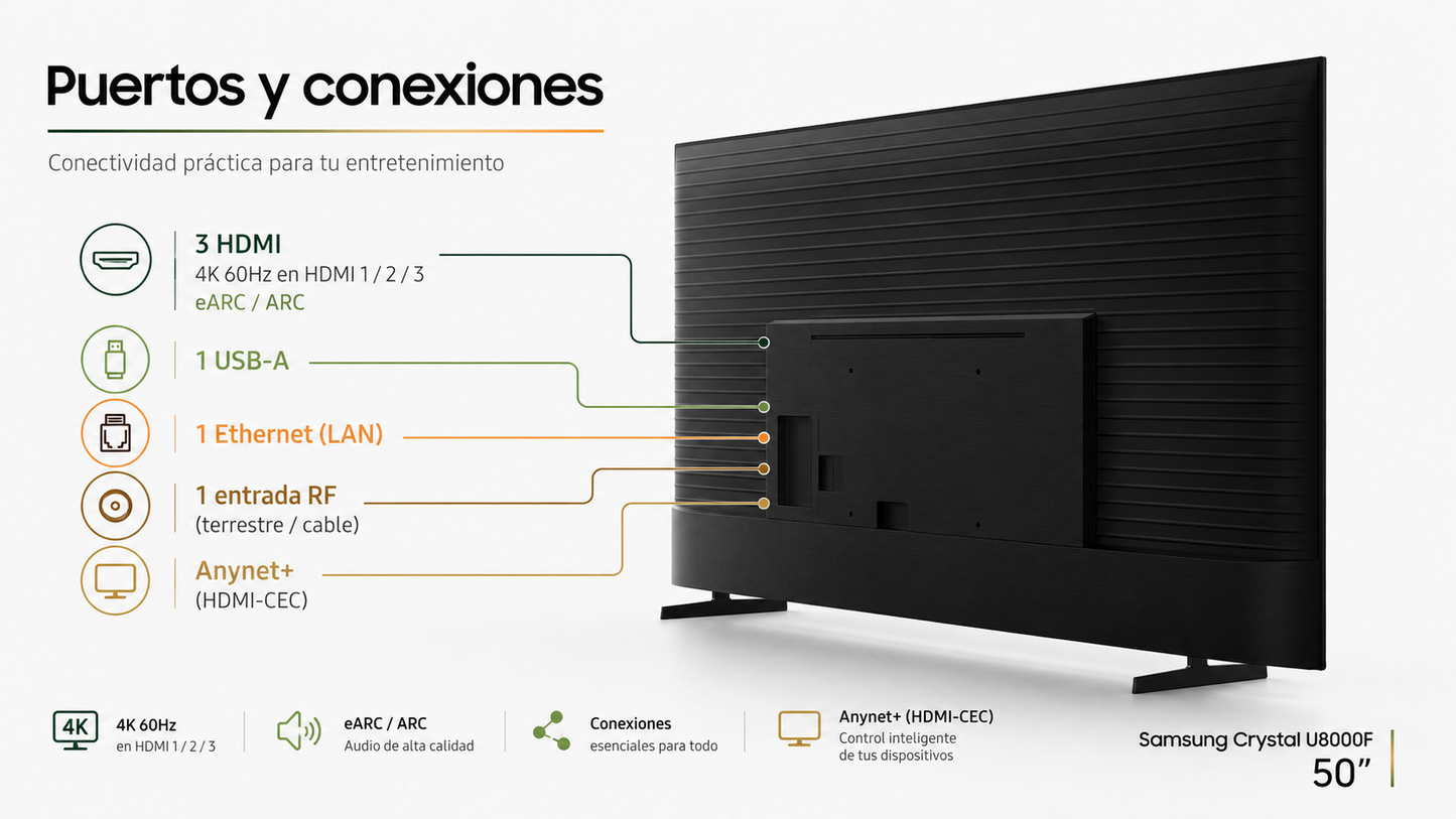 Smart TV Samsung Crystal U8000F de 50” con resolución 4K UHD, Procesador Crystal 4K y escalamiento 4K