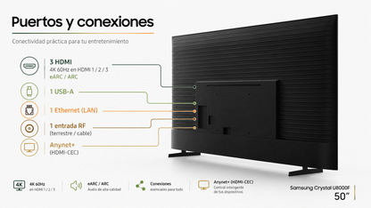 Smart TV Samsung Crystal U8000F de 50” con resolución 4K UHD, Procesador Crystal 4K y escalamiento 4K