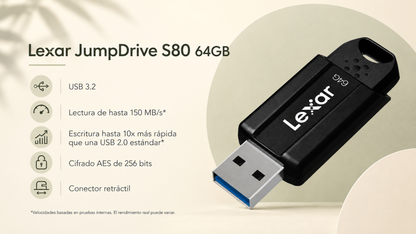 Memoria USB 64 GB 3.1 LEXAR® JumpDrive® S80 USB 3.1 - LEXAR-64 GB 3.1