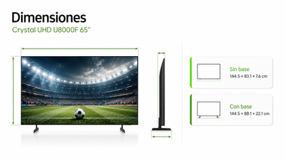 Smart TV Samsung Crystal U8000F de 65” con resolución 4K UHD 3840 × 2160, procesador Crystal 4K y escalado 4K