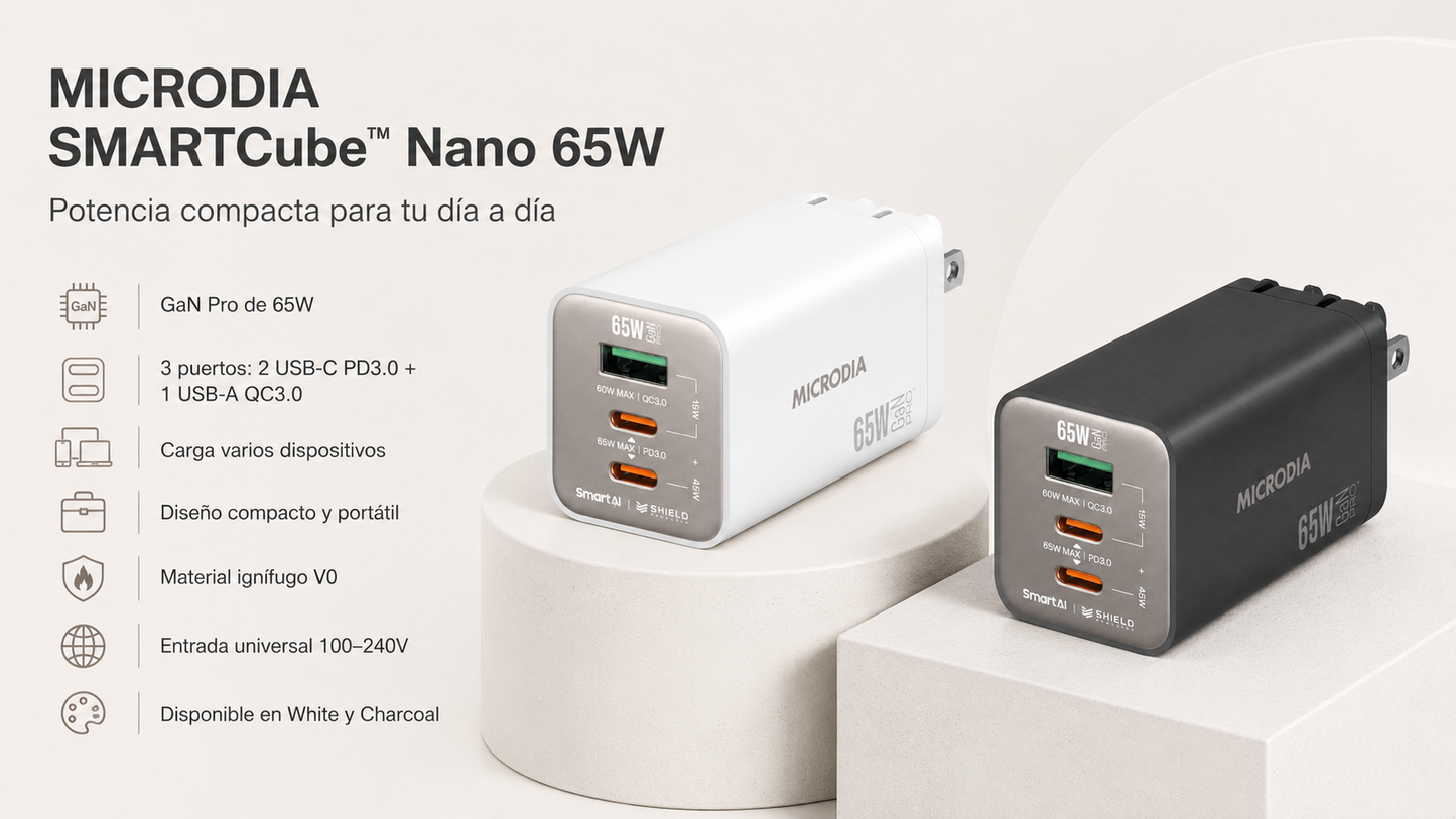Cargador de pared MICRODIA SMARTCube Nano 65W GaN Pro
