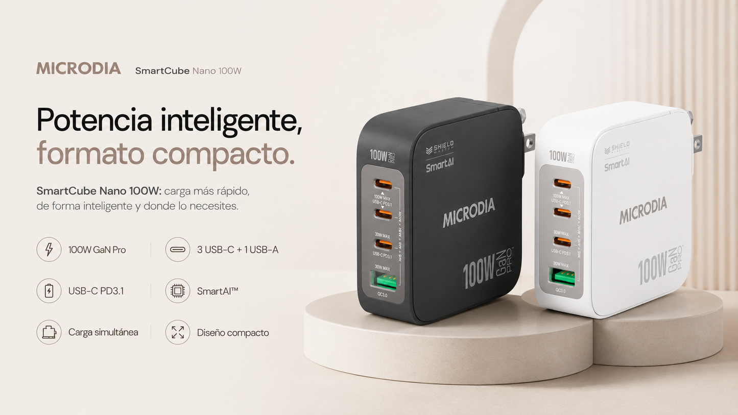 Cargador de pared GaN de 100 W con tres puertos USB-C y un puerto USB-A