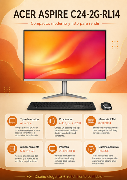 ACER ASPIRE C24-2G-RL14, ADM RYZEN 7 5825U, SSD 512GB, DDR4 8GB