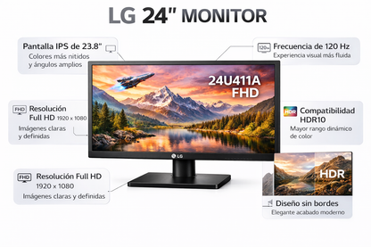 Monitor LG 24" Pulgadas 24U411A FHD Plano Negro