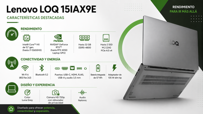 LENOVO LOQ 15IAX9E - INTEL CORE I5-12450HX - 8GB DDR5 - 512GB SSD