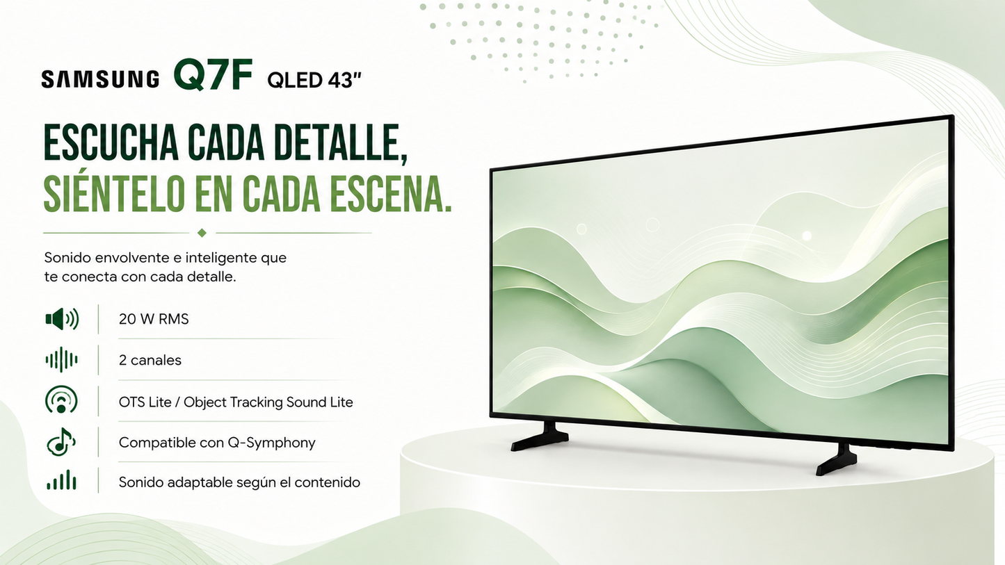Smart TV Samsung Q7F QLED 4K de 43” con diseño negro, resolución 4K UHD de 3840 × 2160