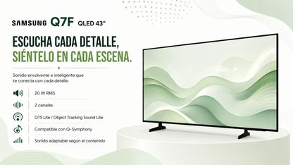 Smart TV Samsung Q7F QLED 4K de 43” con diseño negro, resolución 4K UHD de 3840 × 2160