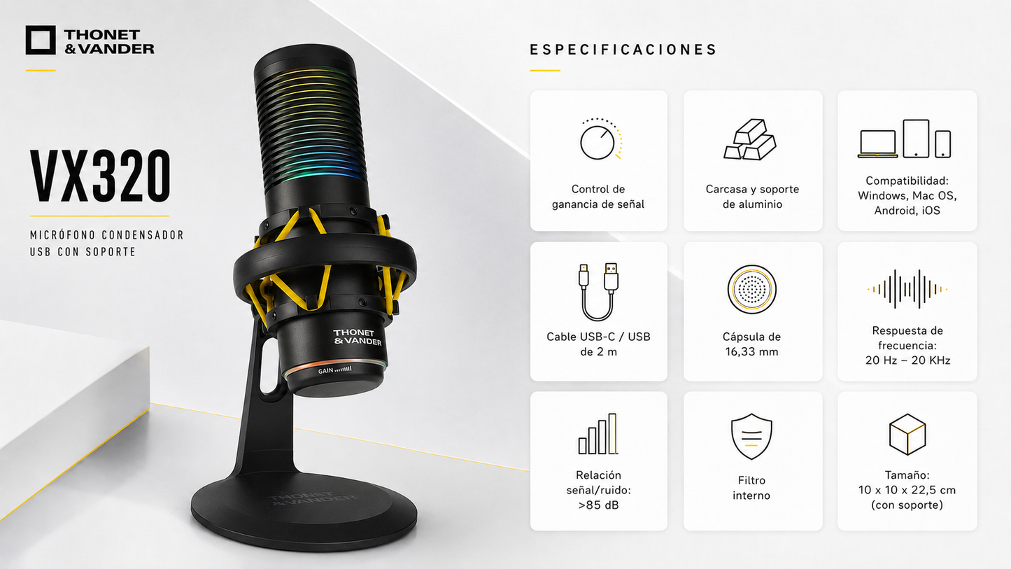 Microfono Thonet & Vander Vx320 - Alámbrico USB, micrófono condensador, RGB, streamers y gamers. Negro