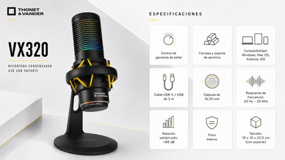 Microfono Thonet & Vander Vx320 - Alámbrico USB, micrófono condensador, RGB, streamers y gamers. Negro