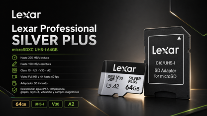 Memoria micro SD Professional SILVER PLUS microSDXC™ UHS-I Card 64GB -up to 205MB/s read, up to 100MB/s write, Class 10, U3, V30, A2 - Lexar® 64GB
