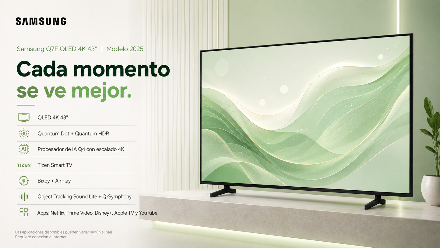 Smart TV Samsung Q7F QLED 4K de 43” con diseño negro, resolución 4K UHD de 3840 × 2160