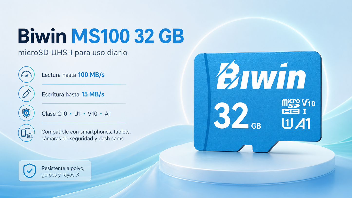 Memoria micro SD 32GB MS100 - Class 10, A1, UHS-I (U3), V30 (up to 100MB/s read, up to 30MB/s write) - Biwin 32 GB