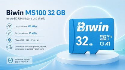 Memoria micro SD 32GB MS100 - Class 10, A1, UHS-I (U3), V30 (up to 100MB/s read, up to 30MB/s write) - Biwin 32 GB